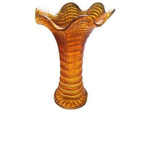 Imperial ripple Marigold Carnival Glass Vase funeral amber ribbed curved vintage